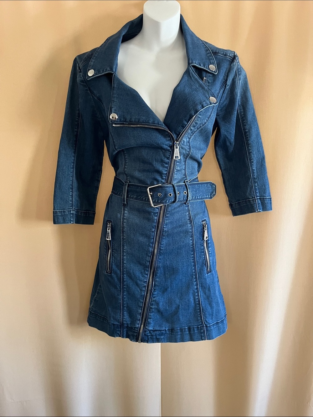 Denim Moto Dress with Belt - Blue